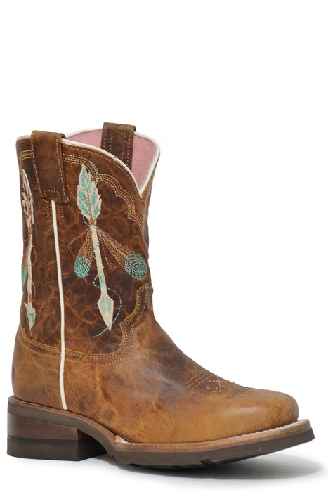 Girls Roper Waxy Brown Square Toe Boot w/ Arrow Embroidery & Rubber Sole