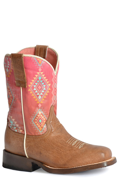 Girls Roper Waxy Brown Western Square Toe Boot w/ Aztec Design