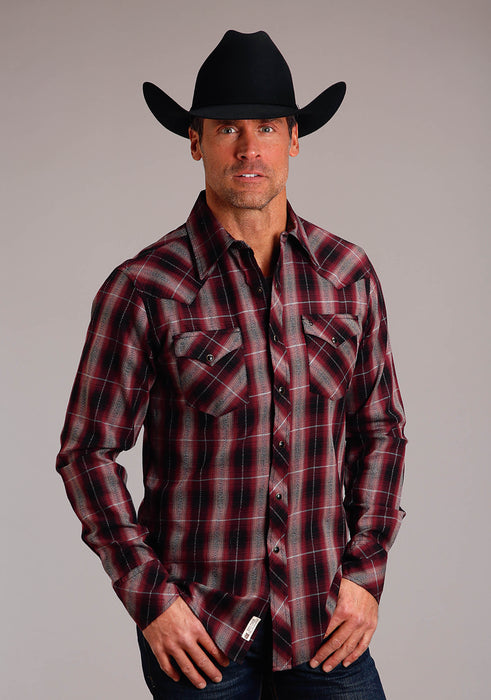 Men's Stetson Red Marl Plaid Western Long Sleeve Shirt