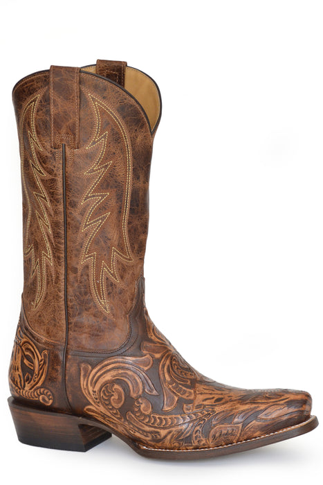 Men's Stetson Brown Tooled Snip Toe Boot w/ Oiled Shaft
