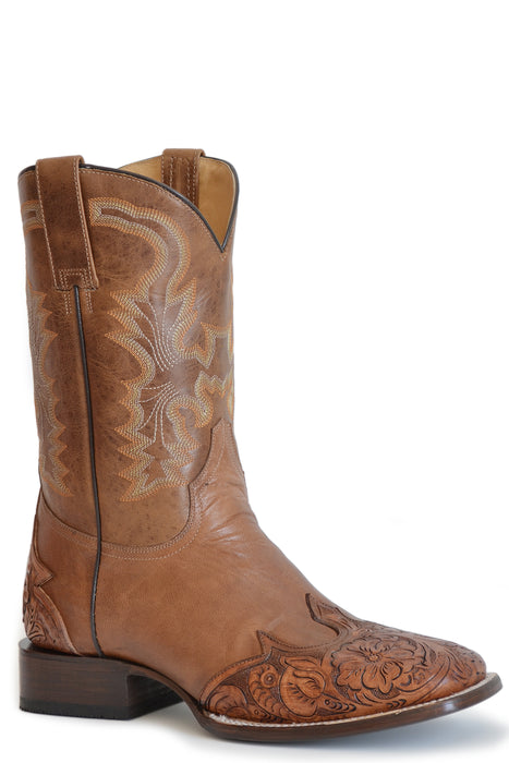Men's Stetson Burnished Brown Square Toe Boot w/ Hand Tooled Toe & Heel