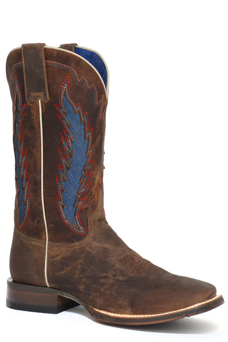 Men's Stetson Brown Western Square Toe Boot w/ Blue Inlay Airflow Shaft