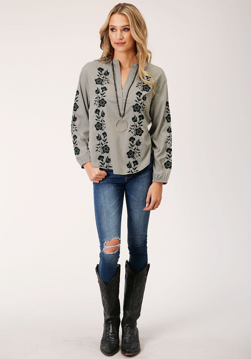 Roper Grey Poly Crepe V-Neck Blouse