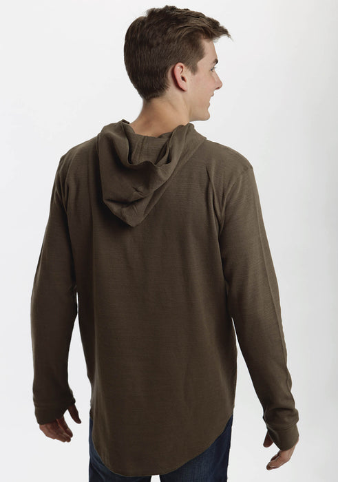 Men's Solid Brown Long Sleeve Hooded Shirt