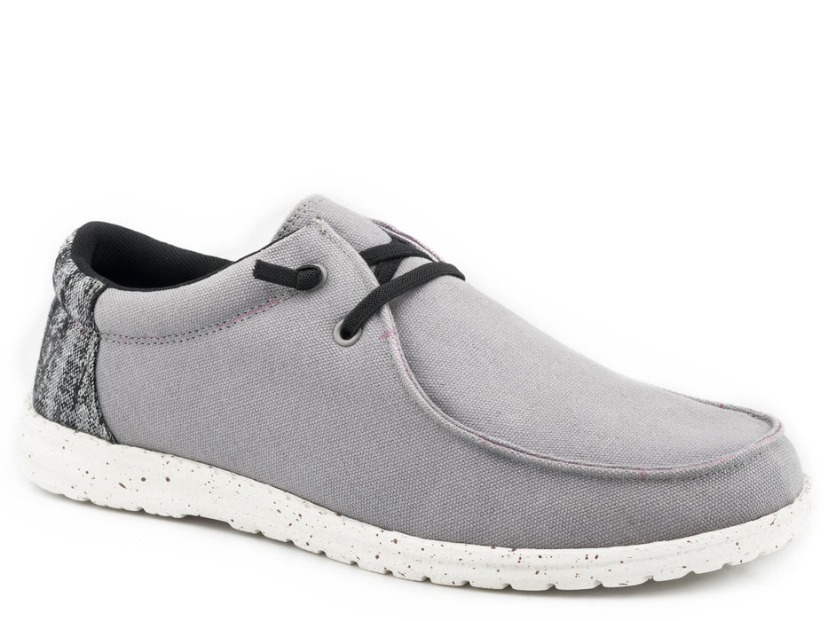 GREY CANVAS WITH MULTI COLORED HEEL