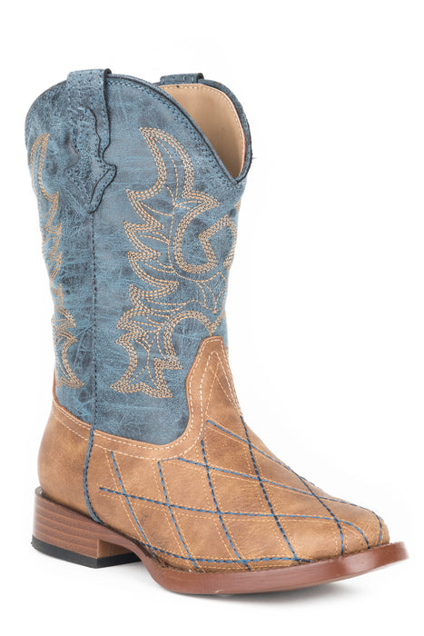 Boy's Roper Tan Faux Leather Boot w/ Blue Cross Cut Stitching