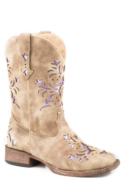 Girl's Vintage Beige Western Boot w/ Pink Underlay