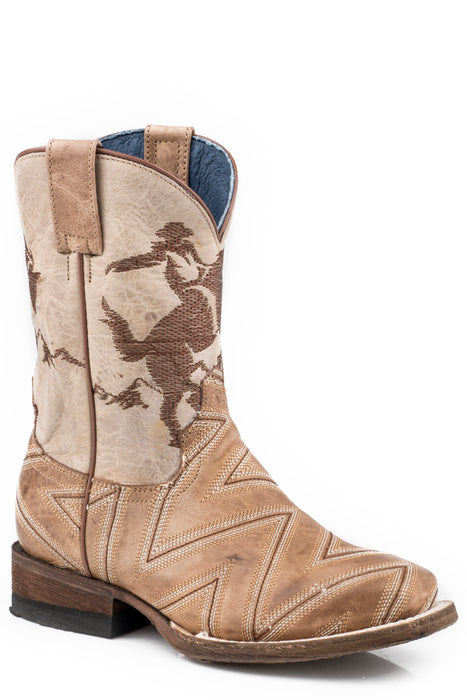 Boy's Roper Burnished Tan Western Boot w/ Embroidered Bronc Rider