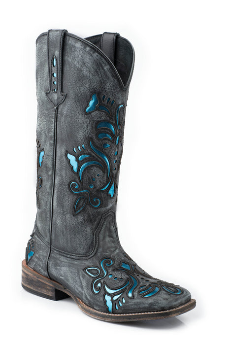 Women's Roper Sanded Black Western Boot w/ Metallic Underlay