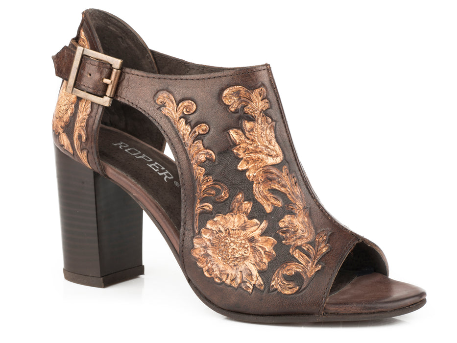 BROWN/BEIGE FLORAL TOOLED LEATHER