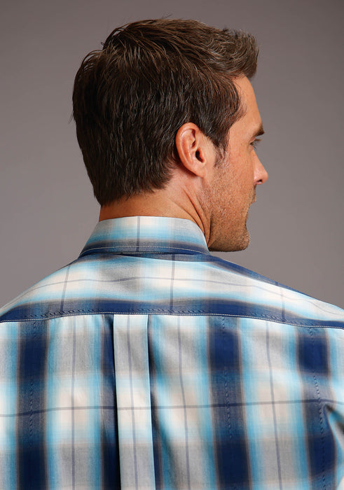 Stetson Blue Satin Stripe Plaid Short Sleeve Button Up