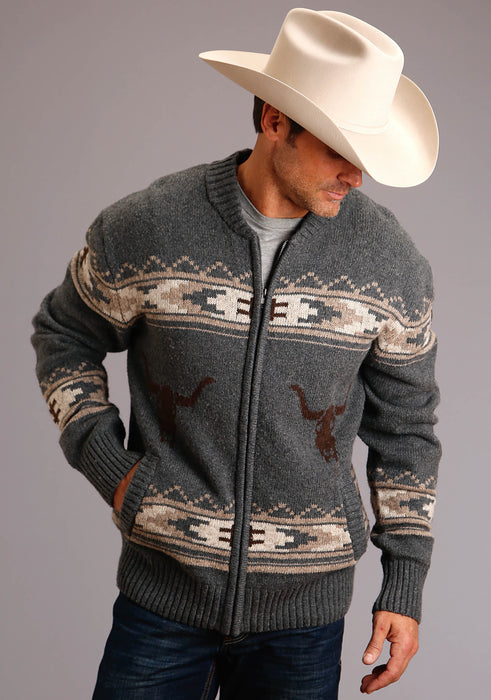 Men's Stetson Grey Longhorn Aztec Wool Blend Sweater