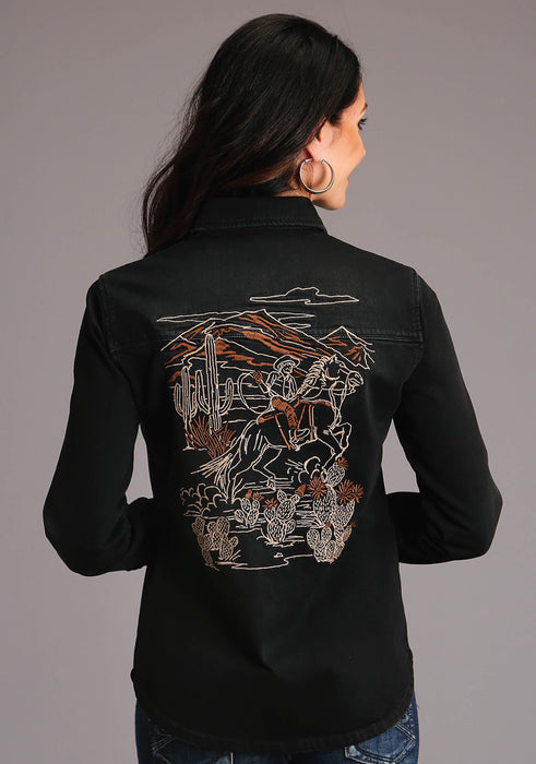 Stetson Black Stretch Denim Embroidered Blouse