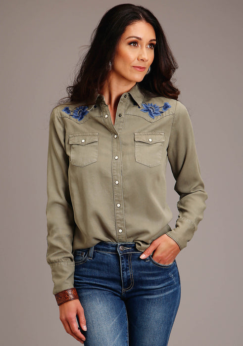 Stetson Olive Tencel Long Sleeve Denim Shirt