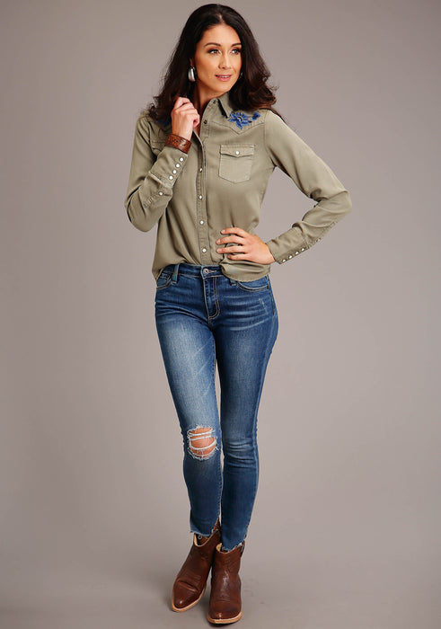 Stetson Olive Tencel Long Sleeve Denim Shirt