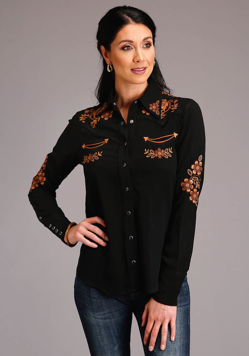 Stetson Black Rayon Embroidered Long Sleeve Blouse