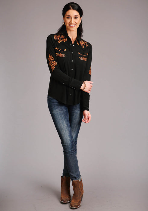 Stetson Black Rayon Embroidered Long Sleeve Blouse