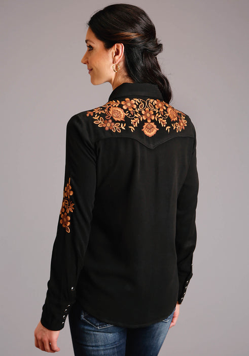 Stetson Black Rayon Embroidered Long Sleeve Blouse