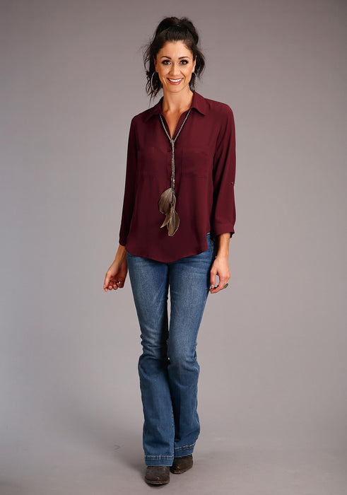 Stetson Wine 3/4 Sleeve Crepe V-Neck Blouse