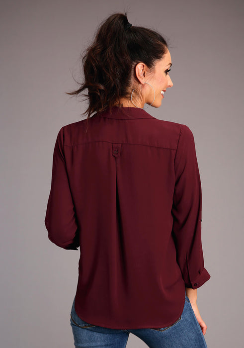 Stetson Wine 3/4 Sleeve Crepe V-Neck Blouse