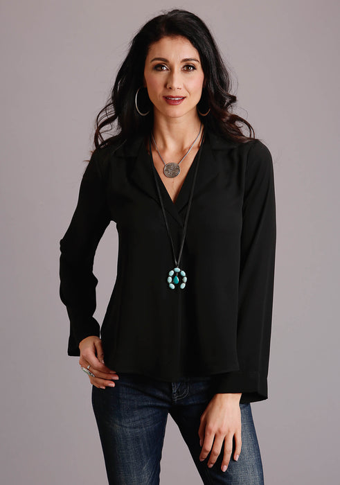 Stetson Black Poly Crepe V-Neck Long Sleeve Blouse