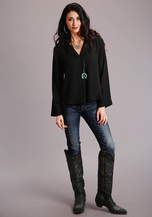 Stetson Black Poly Crepe V-Neck Long Sleeve Blouse