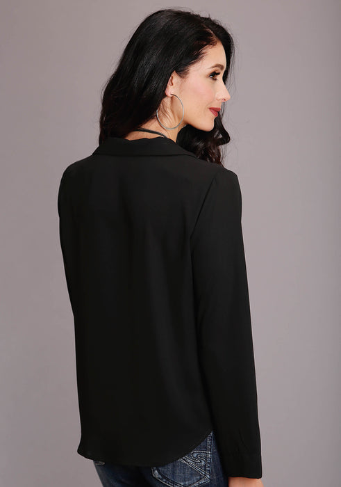 Stetson Black Poly Crepe V-Neck Long Sleeve Blouse