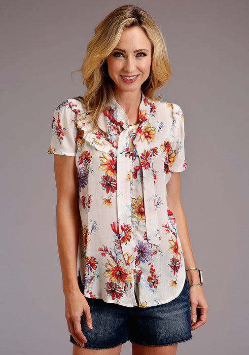 Stetson "Floral Sketch" Herringbone Short Sleeve Button Up Blouse