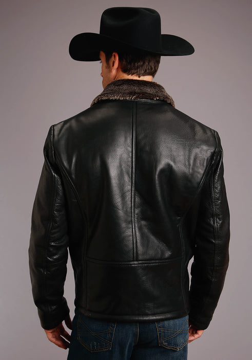 Men's Stetson Black Leather Jacket w/ Faux Fur Collar