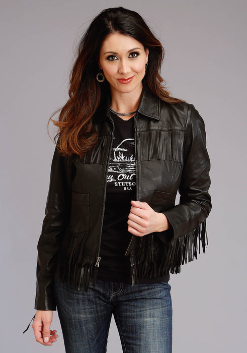 Women's Stetson Black Leather Western Jacket w/ Fringed Sleeves