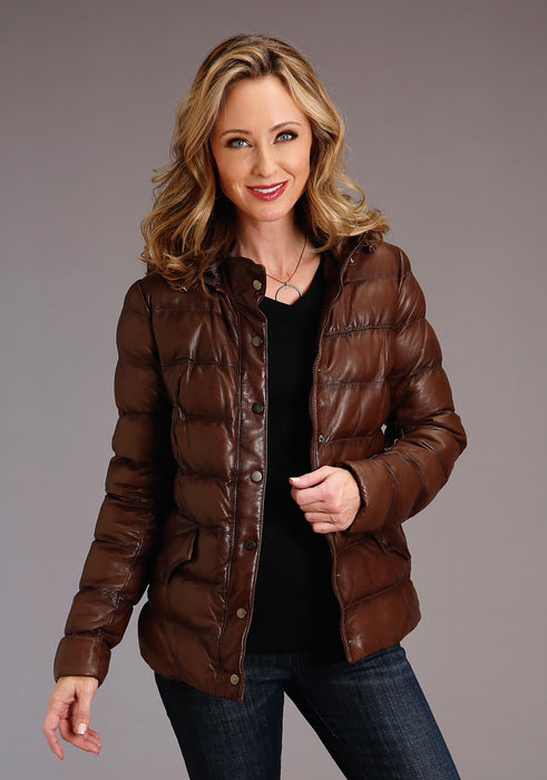 Women's Stetson Brown Quilted Leather Jacket w/ Zip Off Hood