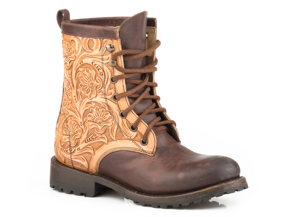 Women's Stetson Brown Hand Tooled Western Round Toe Combat Boot