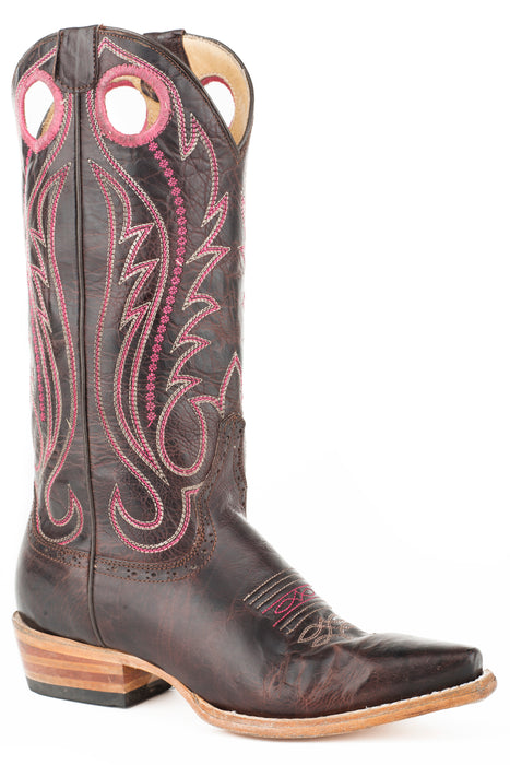 Women's Stetson Brown Calf Skin Western Snip Toe Boot w/ Pink Embroidery