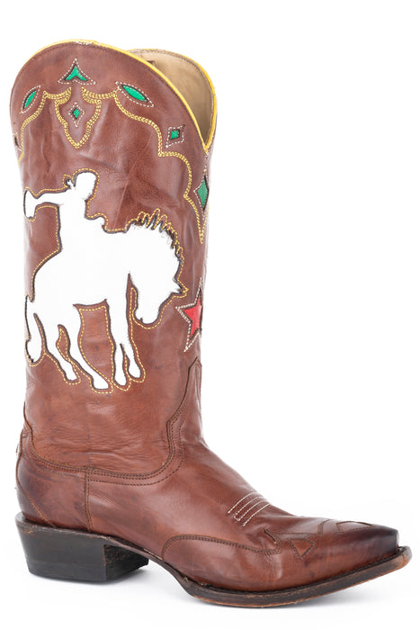 Women's Stetson Brown Western Snip Toe Boot w/ Bucking Horse Underlay
