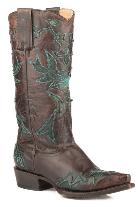 Women's Stetson Chocolate Western Snip Toe Boot w/ Turquoise Embroidery