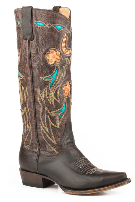 Women's Stetson Brown Calf Skin Western Snip Toe Boot w/ Decorative Underlay